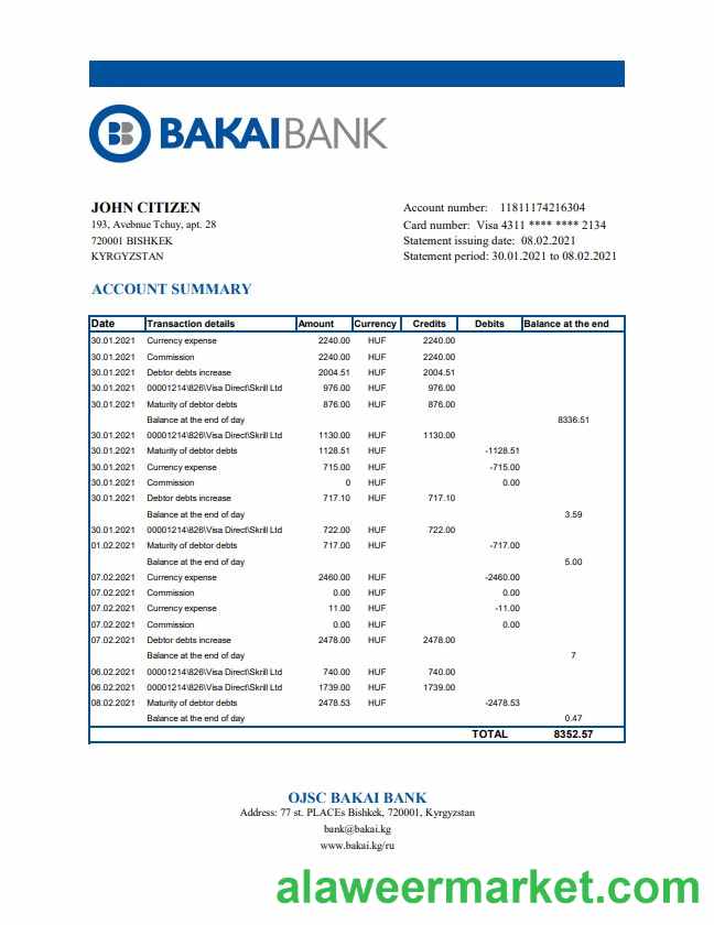 Kyrgyzstan OJSC Bakai Bank statement easy to fill template in Excel and PDF format